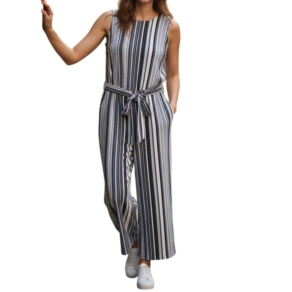 ELLE Womens Blue Striped‎ Sleeveless Wide Leg Jumpsuit Size Medium Coastal NWT